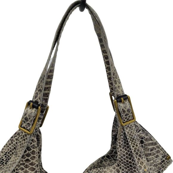 Elliott Lucca Leather Gray Cream Snakeskin Large Hobo Shoulder Bag Tassel Detail - Picture 11 of 14